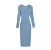 Estilo Deseo Puro Elegante Vestido Bodycon de Manga Larga con Escote Corazón Cintura Fruncida Ajustado Otoño Color Sólido Vestido Largo Chica Popular para Mujer