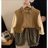 Conjunto de Ropa para Niños Primavera Nuevo Estilo Niños y Niñas Coreano Retro Falso Dos Piezas Camisa Polo y Pantalones a Cuadros Conjunto Moderno
