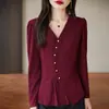 Suéter de Tricô Elegante com Decote V e Manga Longa para Mulheres, Novo Modelo 2026 com Carcela Diagonal, Top de Cor Sólida