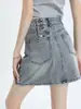 Saia Jeans de Cintura Alta Estilo Hot Girl para Mulheres, Fina, Retrô, Anti-Exposição, Efeito Emagrecedor, Curta Evasê que Marca o Quadril