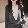 Suéter de Punto de Imitación Lana de Manga Larga, Jersey de Estilo Coreano de Dos Piezas Falsas para Mujer, Nuevo Top de Capa Interior Ajustado para Otoño e Invierno 2026
