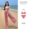 Biquíni de Gola Alta com Estampa Xadrez Vermelho e Azul Roupa de Banho para Praia Feminina Blusa Top de Manga Longa de Verão Calça de Cintura Alta da Moda Conjunto de Três Peças