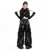 Disfraces de Jazz para Niñas de Otoño Atuendos de Performance Geniales y Modernos Estilo Motociclista Negro Conjunto Oscuro con Cadena Ropa de Performance Infantil