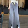 Pantalones de Punto para Mujer Estilo Coreano Nuevo Primavera/Verano Color Sólido Costura Central Divididos Pierna Ancha Sueltos Casuales para el Trabajo
