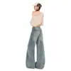 Jeans wide leg com estampa de bambu lavado retrô para mulheres, novo estilo de perna reta solto, não apertado e fluido