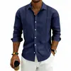 Camisa Masculina de Linho Respirável Amazon para Primavera e Outono com Design Vintage de Recorte Lateral, Gola Reversível, Manga Longa, Top Casual