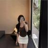 Desejo Puro Curto Ombro Exposto Menina Quente Malha Feminino Verão Listrado Ombro Manga Curta Cintura Pequena Slim-fit Gola U