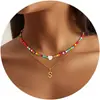 Collar de Cadena de Clavícula en Capas con Colgante de 26 Letras Transfronterizo Nuevo Europeo y Americano, Piedra Natural, Corazón, Combinación de Colores Dopamina, con Cuentas