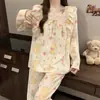 Pijama Dulce de Primavera y Otoño con Diseño de Conejito de Dibujos Animados y Tulipán, Cuello Cuadrado con Encaje, Mangas Largas y Pantalones, Corte Holgado, Conjunto de Dos Piezas para Niñas en Casa