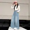Calças Femininas para Primavera e Outono 2026 Novo Estilo Coreano Casual Versátil Jeans Wide-Leg para Crianças Maiores