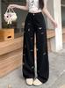 Jeans Negros Estilo Americano para Mujer, Edición Verano, con Divertido Bordado de Cachorro, Diseño Único, de Tiro Alto, Adelgazantes, Pierna Recta, Pantalones de Largo Hasta el Suelo