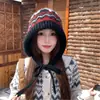 Chapéu de Tricô Estilo Fair Isle Coreano para Mulheres, Chapéu de Lã Quente à Prova de Vento para Outono/Inverno, Faz o Rosto Parecer Menor, Chapéu com Amarração para a Cabeça