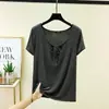 Nova camiseta de verão com renda e cadarço, manga curta, para mulheres, fina, estilosa, versátil, modeladora, plus size