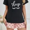 Pantalones Cortos Negros Finos de Manga Corta Transfronterizos Europeos y Americanos para Mujer, Pijama Transpirable de Cuello Redondo de Talla Grande para Exportación para Mujer, Ropa Casual para el Hogar