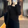 Camiseta base de lana de cuello redondo ajustada estilo francés para otoño e invierno, suéter de punto ajustado de cuello bajo