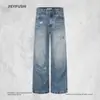 Calça jeans destroyed com patches rasgados, estilo streetwear americano masculino, calça longa solta de perna larga, calça reta color-block, dad jeans