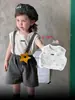 Conjunto de Calça com Suspensório Removível para Meninos, Estilo Preppy, Roupa Elegante de Duas Peças para Meninos Pequenos, Camisa Fina da Moda para Meninos de 1 Ano