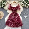 Vestido Floral Cuadrado de Manga Abullonada Estilo Dopamina para Mujer, Verano Malla con Volantes Dulce Vestido de Malla