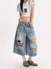 Shorts Jeans Rasgado Estilo Retro Americano Plus Size Feminino Perna Larga High-End Solto Modelador Hot Girl Estilo de Rua Calça Cropped