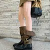 Botas vaqueras apilables plegables de dos vías para mujer Otoño/Invierno Patchwork Retro Botas altas Hebilla de cuero Suela gruesa Botas de jinete adelgazantes
