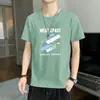 Camiseta Masculina de Verão com Manga Curta de Seda Gelada Transfronteiriça, Moda Gola Redonda Estampada Tendência Slim Fit Fina Casual Meia Manga