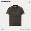 ZOEWATSON Camiseta Masculina Estilo Old Money Transfronteiriça Gola Henley Listrada Color Block Manga Curta Marca Tendência Top Casual Solto
