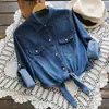 Chaqueta coreana de primavera y verano para mujer de manga corta, camisa de mezclilla, chal pequeño, chaqueta de mezclilla delgada corta ajustada