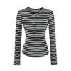 Camiseta de Manga Larga a Rayas de Contraste con Cuello Semiabierto para Mujer, Estilo Sexy, Ajustada, Camiseta Básica Pura Pasión, Top Corto de Otoño e Invierno
