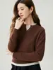 ¡Chic francés! Suéter 100% cachemira pura para mujer, colección otoño/invierno 2026, color liso, cuello en V, diseño falso de dos piezas, jersey de punto, manga larga