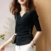 Suéter de punto de cintura con cuello en V para mujer, verano nuevo coreano elegante elegante ajustado elástico adelgazante camiseta de manga corta top de media manga