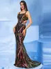 Vestido de noche de estilo europeo y americano transfronterizo, colorido, sin tirantes, geométrico, con lentejuelas, ajustado, estilo sirena, sin espalda