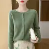 26 Outono/Inverno 100% Lã Pronto para Vestir Cardigã de Gola Redonda para Mulheres, Versátil Casaco de Lã de Manga Longa, Peça de Roupa Externa de Cor Sólida