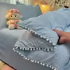 Conjunto de três peças de algodão fofo estilo coreano com pompom e renda na fronha e lençol, conjunto simples de quatro peças em cor sólida