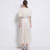 Vestido Europeu e Americano de Manga Bufante Plissado Slim Organza Lindo Fashion Slim Midi Estilo Coreano Saia Longa
