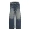 Jeans em estilo vintage, com lavagem em denim e efeito bigode de gato, projetado para homens e mulheres, apresentando um corte solto, estilo versátil e uma silhueta casual de perna curva.