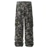 Calça Jeans Qilin Três Listras Multi Bolsos Camuflada para Multidão Homem Design de Nicho Elegante Cintura Calça Reta