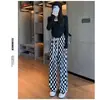 Calça xadrez preto e branco de perna larga para mulheres, tendência verão e outono, cintura alta, fluida, casual de perna reta, calça xadrez solta de seda gelada