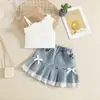 Conjunto de Top sin Mangas de Encaje con Cordones de Hombro Único Estilo Europeo y Americano Verano 2026 con Adorno de Encaje de Lazo y Falda de Mezclilla