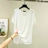 Camiseta Modal com Decote V e Manga Média para Mulheres, Tamanho Grande, Cor Sólida, Versátil, Caimento Solto, Camiseta Básica Emagrecedora, Comprimento Médio