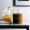 Copo de vidro de borossilicato alto com laterais retas e alça, estampa em inglês "Good Morning", adequado para uso doméstico e no escritório, para café, leite e bebida