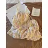 Conjunto de tirantes de algodón nube estilo princesa dulce para mujer con tirantes florales de encaje y estampado de dibujos animados, adecuado para ropa de casa, dos piezas