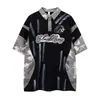 Polo de camuflaje patchwork estampado desgastado con cuello vuelto para hombre, top casual holgado de verano con bordado de parche, camiseta para mujer