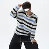 Suéter Listrado Color Block Americano Gola Redonda Masculino Outono Inverno Retrô Nicho Preguiçoso Tricô Solto Emagrecedor Suéter de Lã