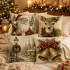 Funda de Almohada Estampada Navideña Vintage con Patrón de Reno y Campana Funda de Cojín Cuadrada para Decoración Festiva del Hogar Tela Suave Decoración