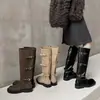 Botas de Cavaleiro de Couro Femininas Botas Longas de Cano Alto Outono e Inverno Novas de Couro Genuíno Bico Redondo Fivela Cano Reto Botas Longas Femininas de Cano Alto até o Joelho