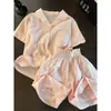 Conjunto de Pijama Feminino com Renda Estilo Doce, Verão Plus Size com Manga Curta e Shorts, Roupa de Casa Confortável, Pode Ser Usado ao Ar Livre