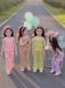 Nuevo Conjunto de Dos Piezas para Niñas: Top con Tirantes de Volantes para Pastel de Verano y Pantalones Acampanados Cropped