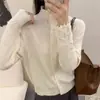 Cardigan de gola alta em lã australiana com punho de crochê vazado, estilo coreano, puro desejo, malha de cor sólida, suéter novo e moderno, macio, para mulheres