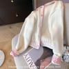 Suéter tipo cárdigan con cuello de muñeca a juego en color rosa para mujer, otoño 2024, nuevo, suave, encerado, chaqueta de punto dulce antiedad