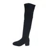 Nuevas Botas Negras de Gamuza por Encima de la Rodilla para Mujer Otoño/Invierno Tacón Grueso Tacón Alto Elásticas Adelgazantes Hacen que las Piernas Parezcan Más Largas No Resbalan Hacia Abajo